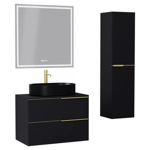 HD Carona Matt Black 60 komplett fürdőszoba bútor szett fali mosdószekrénnyel, szálcsiszolt arany fogantyúkkal, fekete mosdópulttal, tükörrel és magasszekrénnyel