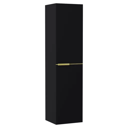 HD Carona Matt Black 60 komplett fürdőszoba bútor szett fali mosdószekrénnyel, szálcsiszolt arany fogantyúkkal, fekete mosdópulttal, tükörrel és magasszekrénnyel