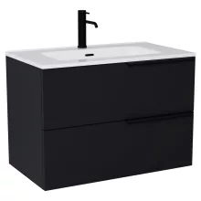 HD Cremona Matt Black 60 fali mosdószekrény matt fekete fogantyúkkal és fényes fehér slim mosdóval