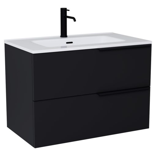 HD Cremona Matt Black 60 fali mosdószekrény matt fekete fogantyúkkal és fényes fehér slim mosdóval