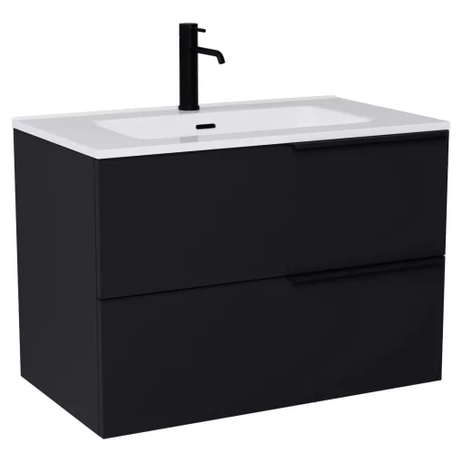 HD Cremona Matt Black 60 fali mosdószekrény matt fekete fogantyúkkal és fényes fehér slim mosdóval