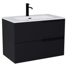 HD Cremona Matt Black 60 komplett fürdőszoba bútor szett fali mosdószekrénnyel, matt fekete fogantyúkkal, fényes fehér slim mosdóval, tükörrel és magasszekrénnyel