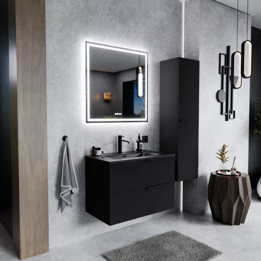 HD Cremona Matt Black 60 fali mosdószekrény matt fekete fogantyúkkal és matt fekete slim mosdóval