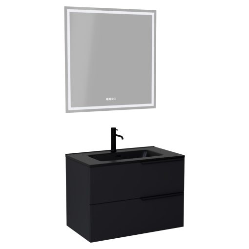 HD Cremona Matt Black 60 komplett fürdőszoba bútor fali mosdószekrénnyel, matt fekete fogantyúkkal, matt fekete slim mosdóval és tükörrel