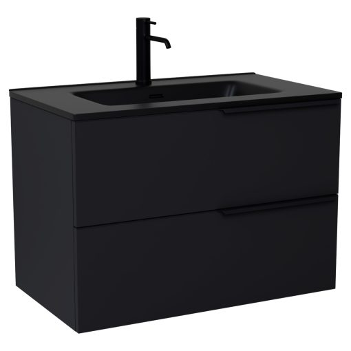 HD Cremona Matt Black 60 komplett fürdőszoba bútor szett fali mosdószekrénnyel, matt fekete fogantyúkkal, matt fekete slim mosdóval, tükörrel és magasszekrénnyel