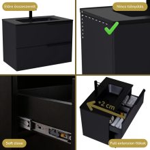 HD Cremona Matt Black 60 komplett fürdőszoba bútor szett fali mosdószekrénnyel, matt fekete fogantyúkkal, matt fekete slim mosdóval, tükörrel és magasszekrénnyel
