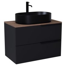 HD Carona Matt Black 60 fali mosdószekrény tölgyfa színű mosdópulttal és matt fekete fogantyúkkal