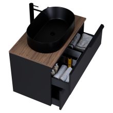 HD Carona Matt Black 60 fali mosdószekrény tölgyfa színű mosdópulttal és matt fekete fogantyúkkal