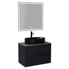 HD Carona Matt Black 60 komplett fürdőszoba bútor fali mosdószekrénnyel, matt fekete fogantyúkkal, tölgyfa színű mosdópulttal és tükörrel