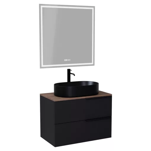HD Carona Matt Black 60 komplett fürdőszoba bútor fali mosdószekrénnyel, matt fekete fogantyúkkal, tölgyfa színű mosdópulttal és tükörrel