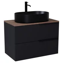 HD Carona Matt Black 60 komplett fürdőszoba bútor fali mosdószekrénnyel, matt fekete fogantyúkkal, tölgyfa színű mosdópulttal és tükörrel