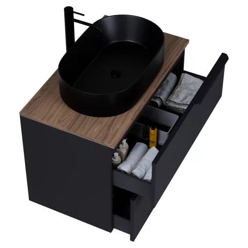 HD Carona Matt Black 60 komplett fürdőszoba bútor fali mosdószekrénnyel, matt fekete fogantyúkkal, tölgyfa színű mosdópulttal és tükörrel