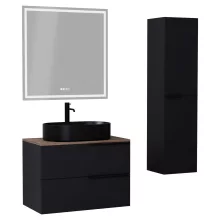 HD Carona Matt Black 60 komplett fürdőszoba bútor szett fali mosdószekrénnyel, matt fekete fogantyúkkal, tölgyfa színű mosdópulttal, tükörrel és magasszekrénnyel