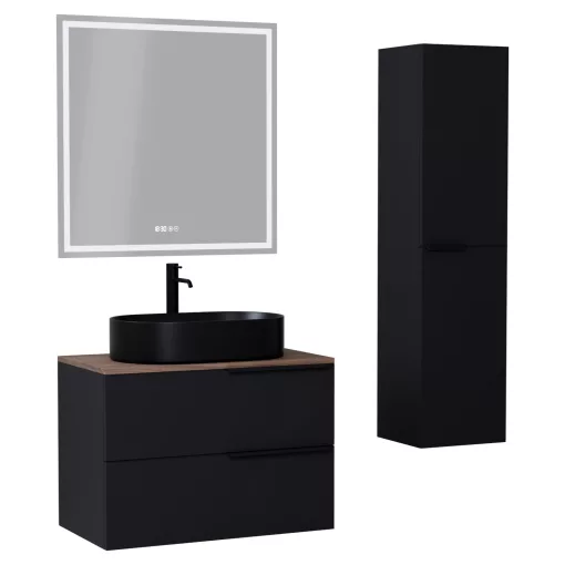 HD Carona Matt Black 60 komplett fürdőszoba bútor szett fali mosdószekrénnyel, matt fekete fogantyúkkal, tölgyfa színű mosdópulttal, tükörrel és magasszekrénnyel