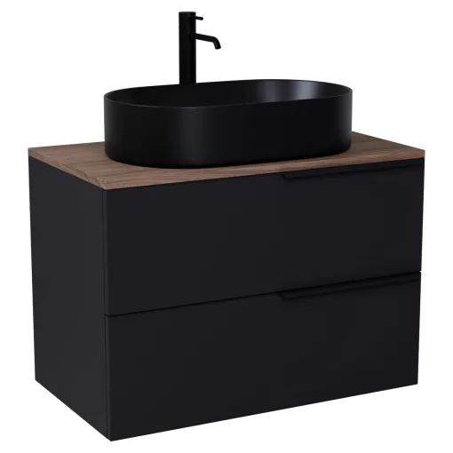 HD Carona Matt Black 60 komplett fürdőszoba bútor szett fali mosdószekrénnyel, matt fekete fogantyúkkal, tölgyfa színű mosdópulttal, tükörrel és magasszekrénnyel