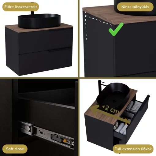 HD Carona Matt Black 60 komplett fürdőszoba bútor szett fali mosdószekrénnyel, matt fekete fogantyúkkal, tölgyfa színű mosdópulttal, tükörrel és magasszekrénnyel