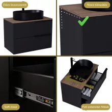 HD Carona Matt Black 60 komplett fürdőszoba bútor szett fali mosdószekrénnyel, matt fekete fogantyúkkal, tölgyfa színű mosdópulttal, tükörrel és magasszekrénnyel