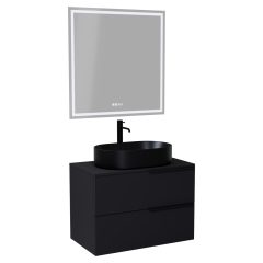   HD Carona Matt Black 60/80 komplett fürdőszoba bútor fali mosdószekrénnyel, matt fekete fogantyúkkal, fekete mosdópulttal és tükörrel