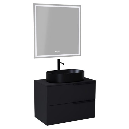 HD Carona Matt Black 60/80 komplett fürdőszoba bútor fali mosdószekrénnyel, matt fekete fogantyúkkal, fekete mosdópulttal és tükörrel