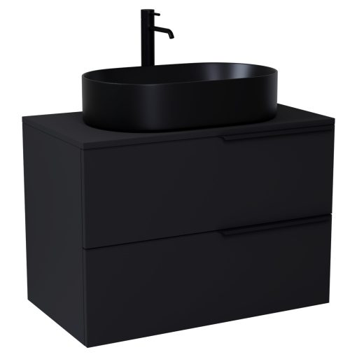 HD Carona Matt Black 60/80 komplett fürdőszoba bútor fali mosdószekrénnyel, matt fekete fogantyúkkal, fekete mosdópulttal és tükörrel