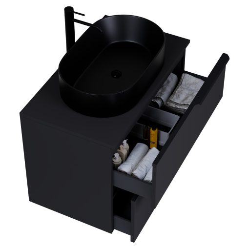 HD Carona Matt Black 60/80 komplett fürdőszoba bútor fali mosdószekrénnyel, matt fekete fogantyúkkal, fekete mosdópulttal és tükörrel