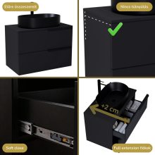 HD Carona Matt Black 60/80 komplett fürdőszoba bútor fali mosdószekrénnyel, matt fekete fogantyúkkal, fekete mosdópulttal és tükörrel