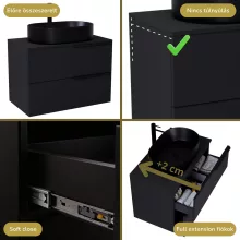 HD Carona Matt Black 60/80 komplett fürdőszoba bútor fali mosdószekrénnyel, matt fekete fogantyúkkal, fekete mosdópulttal és tükörrel