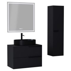   HD Carona Matt Black 60/80 komplett fürdőszoba bútor szett fali mosdószekrénnyel, matt fekete fogantyúkkal, fekete mosdópulttal, tükörrel és magasszekrénnyel