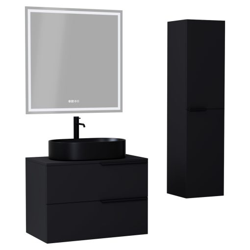 HD Carona Matt Black 60/80 komplett fürdőszoba bútor szett fali mosdószekrénnyel, matt fekete fogantyúkkal, fekete mosdópulttal, tükörrel és magasszekrénnyel