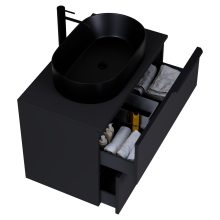 HD Carona Matt Black 60/80 komplett fürdőszoba bútor szett fali mosdószekrénnyel, matt fekete fogantyúkkal, fekete mosdópulttal, tükörrel és magasszekrénnyel