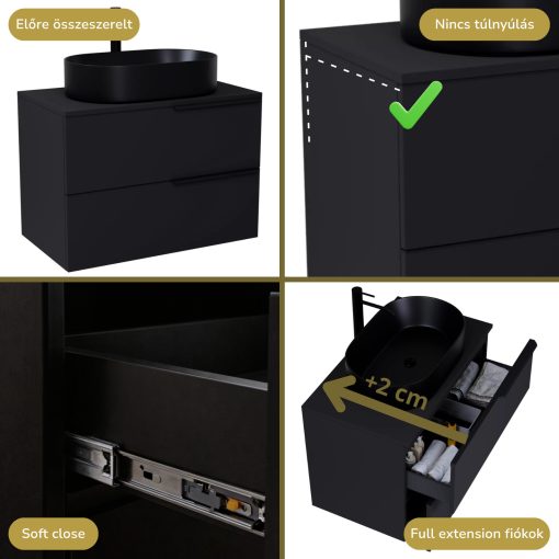 HD Carona Matt Black 60/80 komplett fürdőszoba bútor szett fali mosdószekrénnyel, matt fekete fogantyúkkal, fekete mosdópulttal, tükörrel és magasszekrénnyel