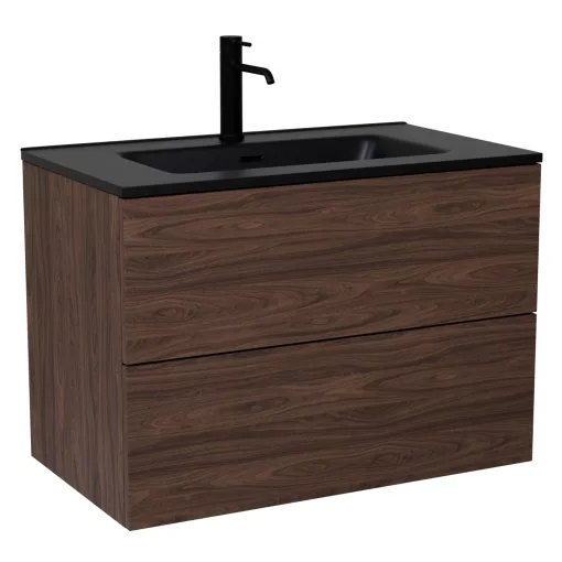 HD Aria Pro Matt Hazel 80 komplett fürdőszoba bútor fali push-to-open mosdószekrénnyel, matt fekete slim mosdóval és tükörrel