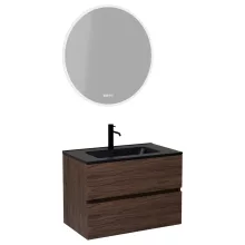 HD Aria Matt Hazel 80 komplett fürdőszoba bútor fali mosdószekrénnyel, matt fekete slim mosdóval és tükörrel