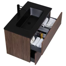 HD Aria Matt Hazel 80 komplett fürdőszoba bútor fali mosdószekrénnyel, matt fekete slim mosdóval és tükörrel