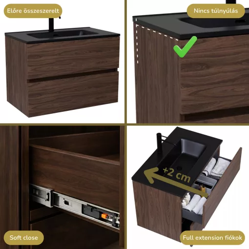 HD Aria Matt Hazel 80 komplett fürdőszoba bútor fali mosdószekrénnyel, matt fekete slim mosdóval és tükörrel