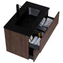 HD Aria Pro Matt Hazel 80 komplett fürdőszoba bútor szett fali push-to-open mosdószekrénnyel, matt fekete slim mosdóval, tükörrel és magasszekrénnyel