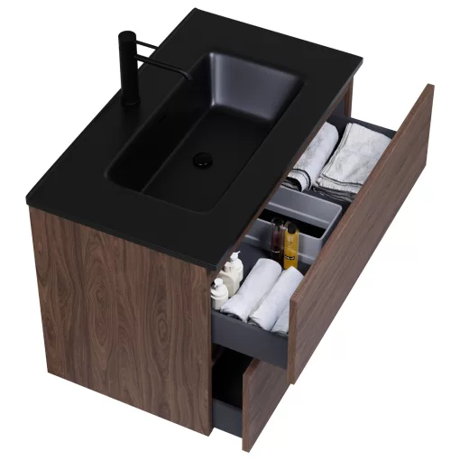 HD Aria Matt Hazel 80 komplett fürdőszoba bútor szett fali mosdószekrénnyel, matt fekete slim mosdóval, tükörrel és magasszekrénnyel