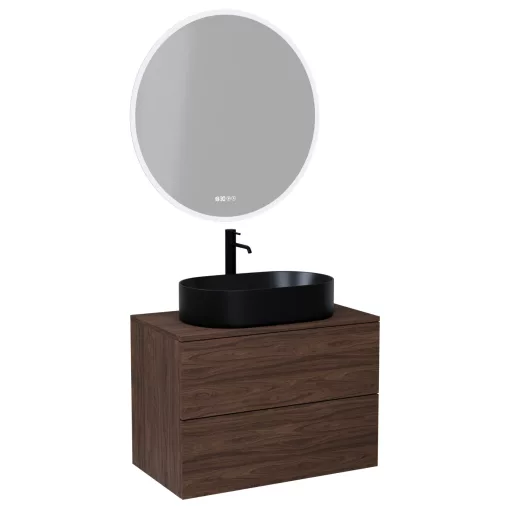 HD Zyra Pro Matt Hazel 80 komplett fürdőszoba bútor fali push-to-open mosdószekrénnyel, mogyoró színű mosdópulttal és tükörrel