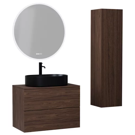 HD Zyra Pro Matt Hazel 80 komplett fürdőszoba bútor szett fali push-to-open mosdószekrénnyel, mogyoró színű mosdópulttal, tükörrel és magasszekrénnyel