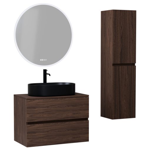 HD Zyra Matt Hazel 80 komplett fürdőszoba bútor szett fali mosdószekrénnyel, mogyoró színű mosdópulttal, tükörrel és magasszekrénnyel