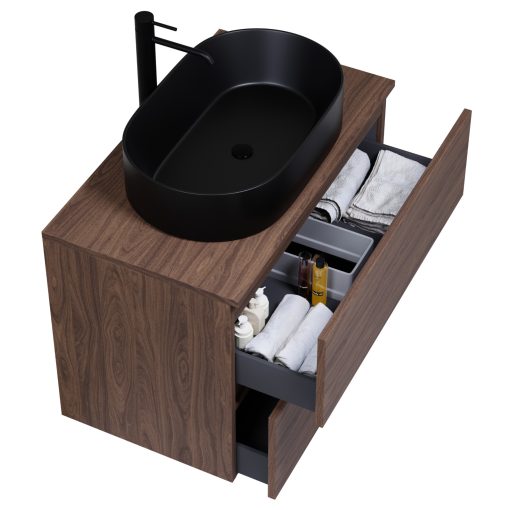 HD Zyra Matt Hazel 80 komplett fürdőszoba bútor szett fali mosdószekrénnyel, mogyoró színű mosdópulttal, tükörrel és magasszekrénnyel