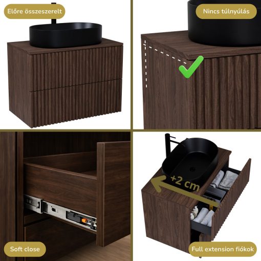 HD Rapallo Pro Matt Hazel 80 komplett fürdőszoba bútor szett fali push-to-open mosdószekrénnyel, mogyoró színű mosdópulttal, tükörrel és magasszekrénnyel