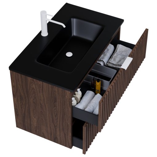 HD Ravello Matt Hazel 80 fali mosdószekrény matt fehér fogantyúkkal és matt fekete slim mosdóval