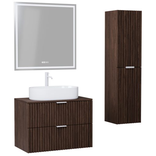 HD Rapallo Matt Hazel 80 komplett fürdőszoba bútor szett fali mosdószekrénnyel, matt fehér fogantyúval, mogyoró színű mosdópulttal, tükörrel és magasszekrénnyel