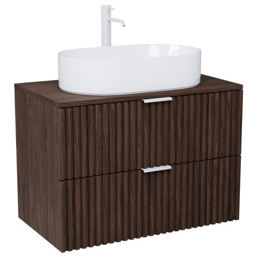 HD Rapallo Matt Hazel 80 komplett fürdőszoba bútor szett fali mosdószekrénnyel, matt fehér fogantyúval, mogyoró színű mosdópulttal, tükörrel és magasszekrénnyel