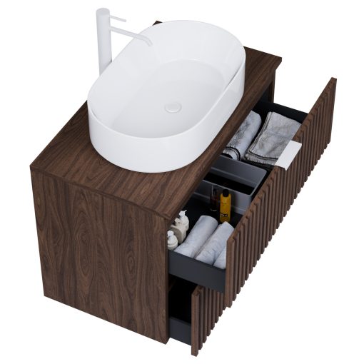 HD Rapallo Matt Hazel 80 komplett fürdőszoba bútor szett fali mosdószekrénnyel, matt fehér fogantyúval, mogyoró színű mosdópulttal, tükörrel és magasszekrénnyel