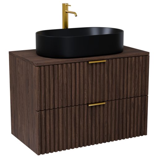 HD Rapallo Matt Hazel 80 komplett fürdőszoba bútor szett fali mosdószekrénnyel, szálcsiszolt arany fogantyúval, mogyoró színű mosdópulttal, tükörrel és magasszekrénnyel