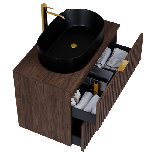 HD Rapallo Matt Hazel 80 komplett fürdőszoba bútor szett fali mosdószekrénnyel, szálcsiszolt arany fogantyúval, mogyoró színű mosdópulttal, tükörrel és magasszekrénnyel