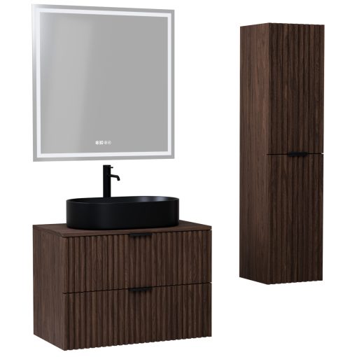 HD Rapallo Matt Hazel 80 komplett fürdőszoba bútor szett fali mosdószekrénnyel, matt fekete fogantyúval, mogyoró színű mosdópulttal, tükörrel és magasszekrénnyel