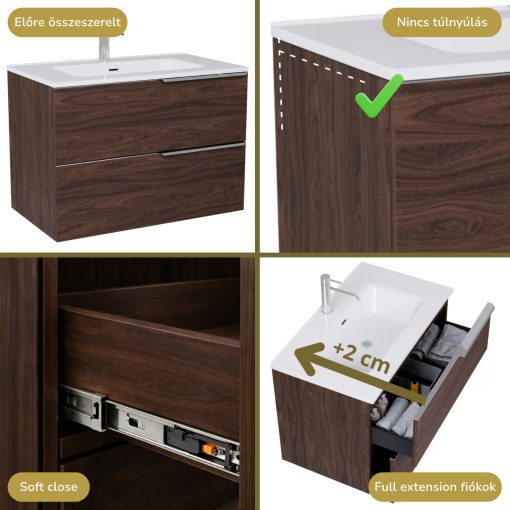 HD Cremona Matt Hazel 80 komplett fürdőszoba bútor szett fali mosdószekrénnyel, fényes króm fogantyúkkal, fényes fehér slim mosdóval, tükörrel és magasszekrénnyel